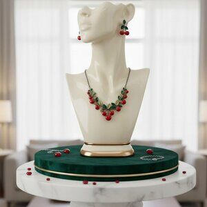 Vintage Retro Style Red Cherry Necklace & Earrings Set Cute Fruit Charm Chain